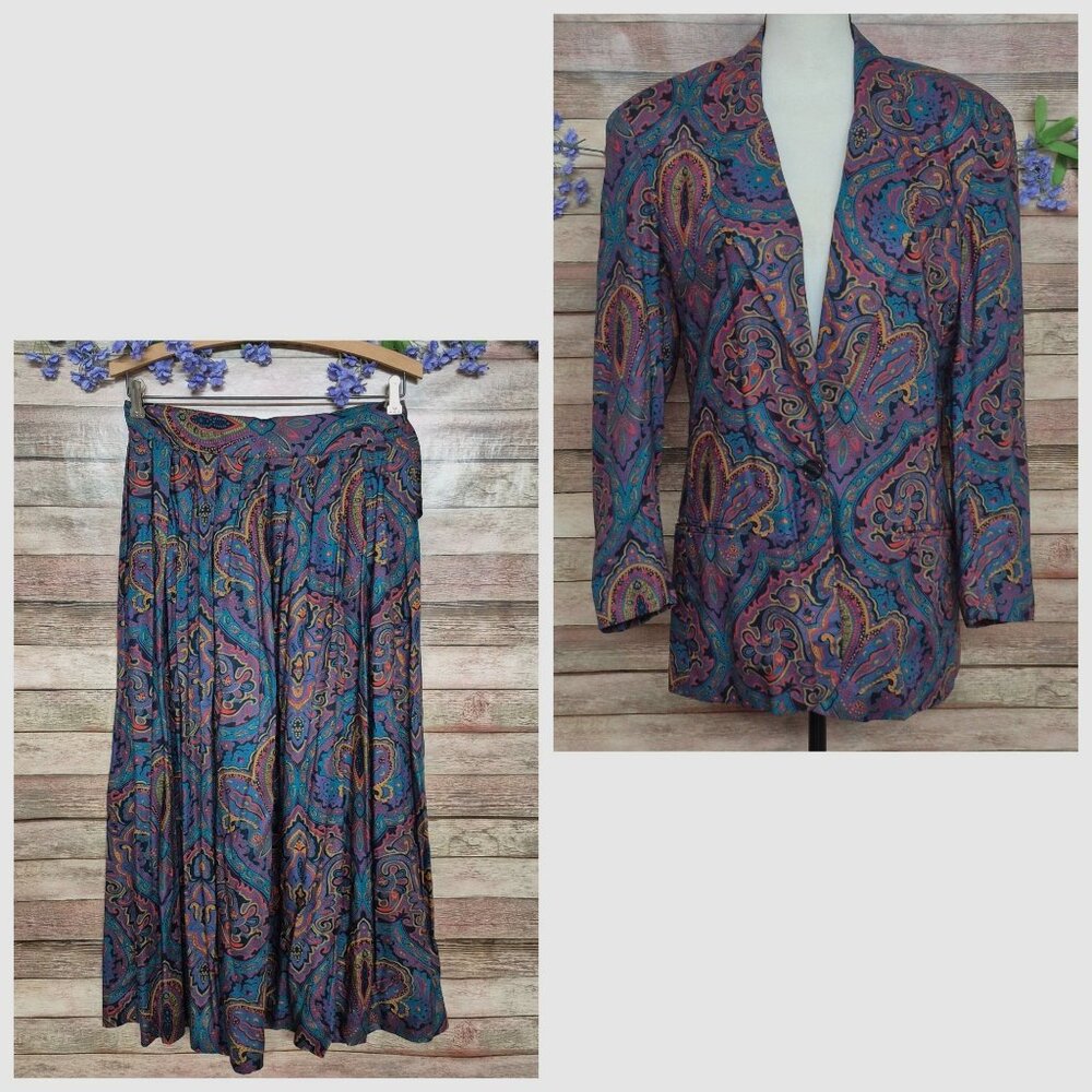 80's Retro Colorful Paisley Full Midi Skirt Suit Statement Blazer Jacket Size 8
